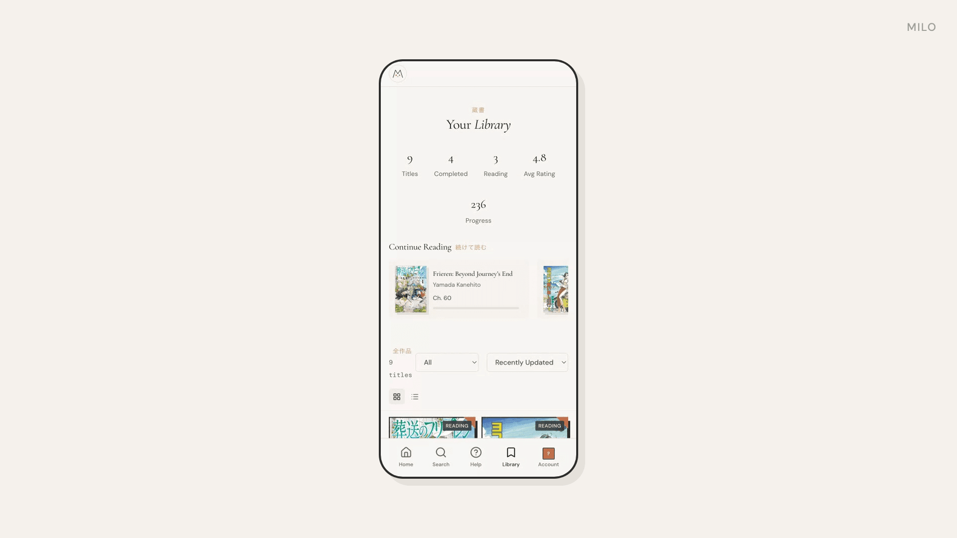 A MILO library on a phone: titles read and in progress, with a Continue Reading shelf.