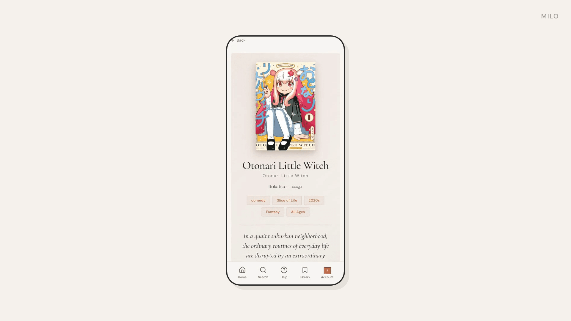 A MILO title page on a phone showing Otonari Little Witch — cover, tags, and a short take on why it fits.